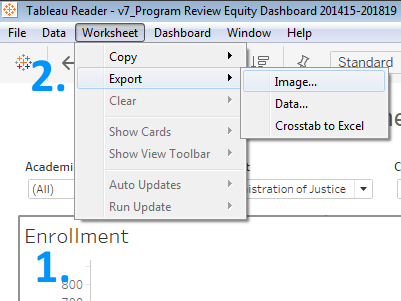 screenshot of the Tableau Reader menu with "Worksheet" clicked and "Export" then "Image" hovered over